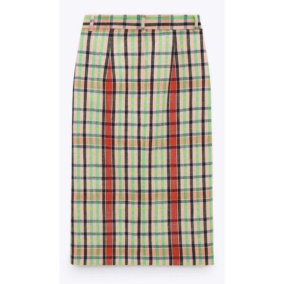 Zara EUC Structure Midi Tweed Checked Skirt Pencil Size S Pink Green - Picture 9 of 14